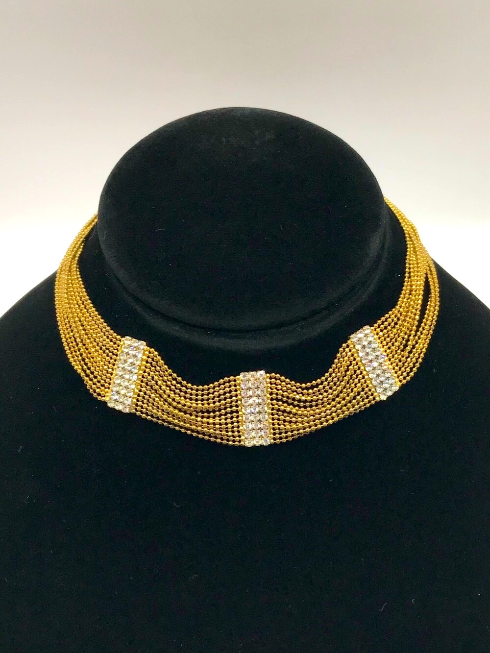 Antique Gold-Tone Multi-Row Bead Ball & Crystal Bar Choker Necklace
